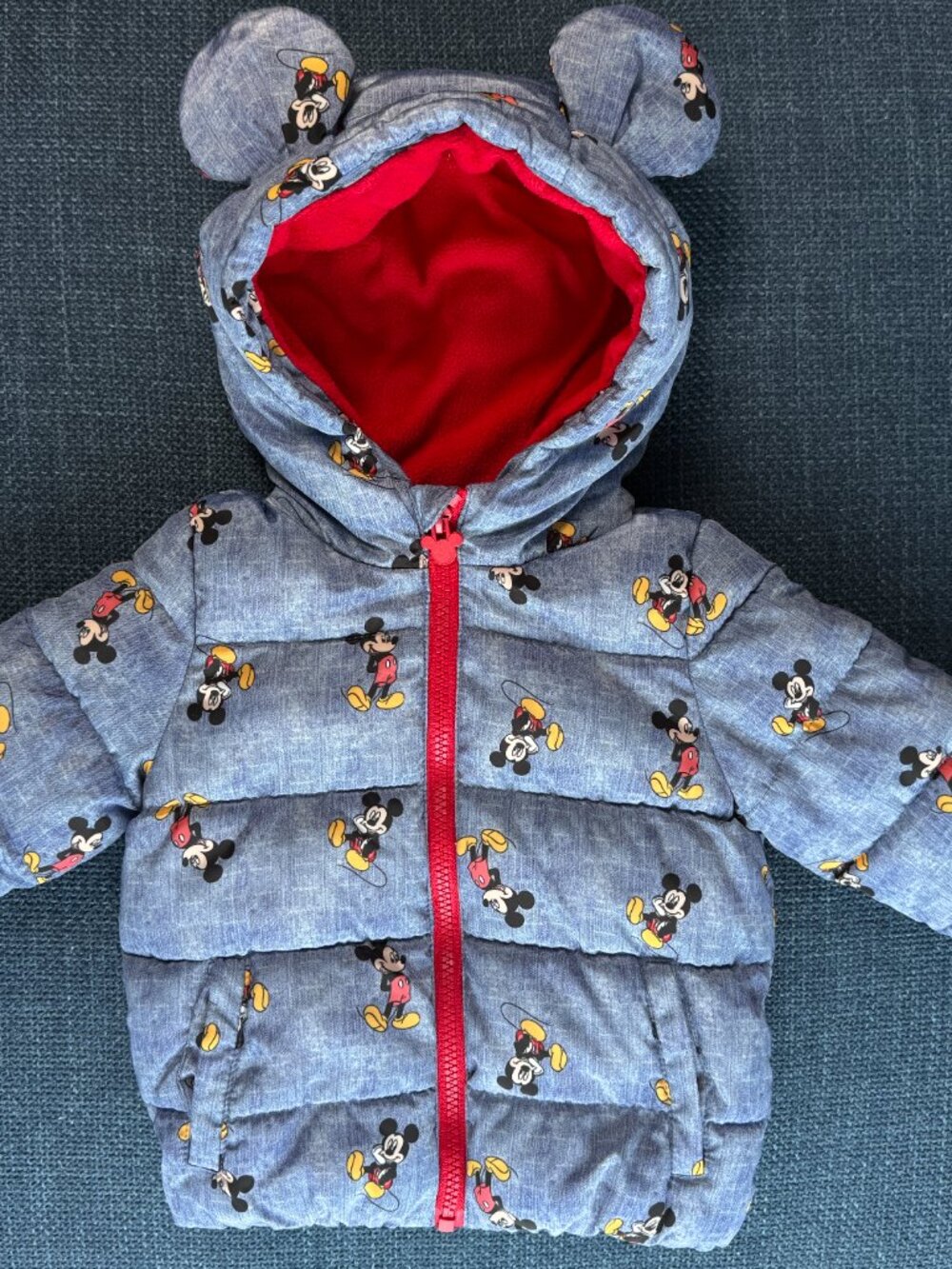 Disney Baby MICKEY MOUSE Puffer Jacket 12-18M Blue Winter Coat Hood Ears 4936HMK